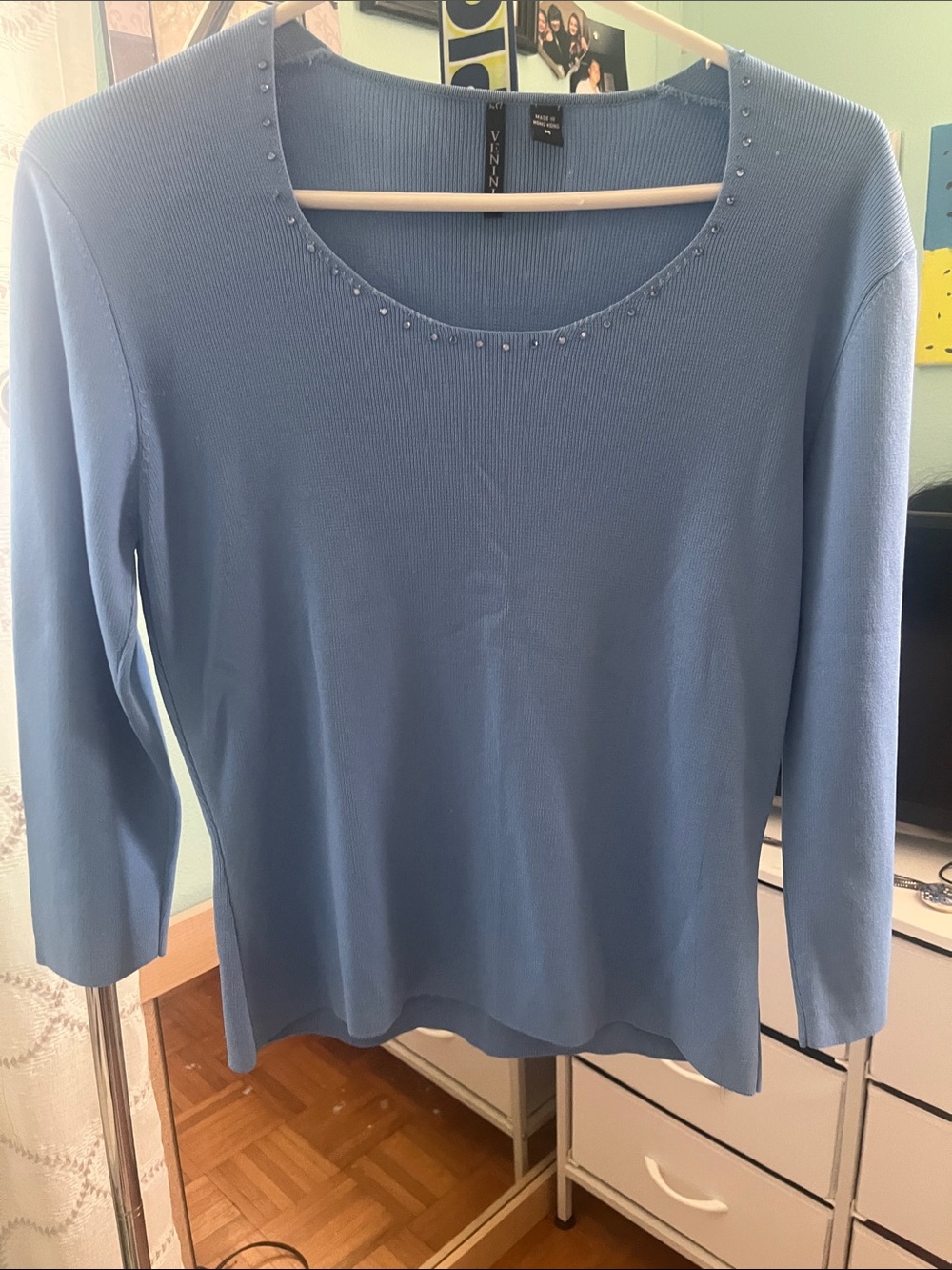 Vince Light Blue Scoop Neck Long Sleeve Top with Neck Beading